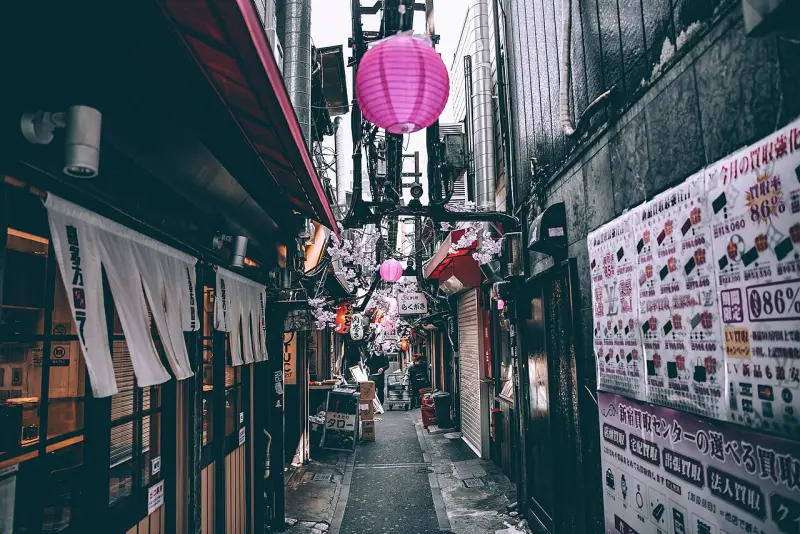 Une ruelle de Tōkyō éclairée par des lanternes